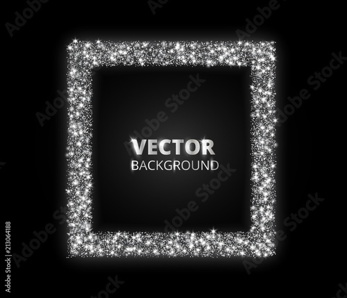 Festive silver sparkle background. Glitter border, circle frame. Vector dust, diamonds, snow on black.