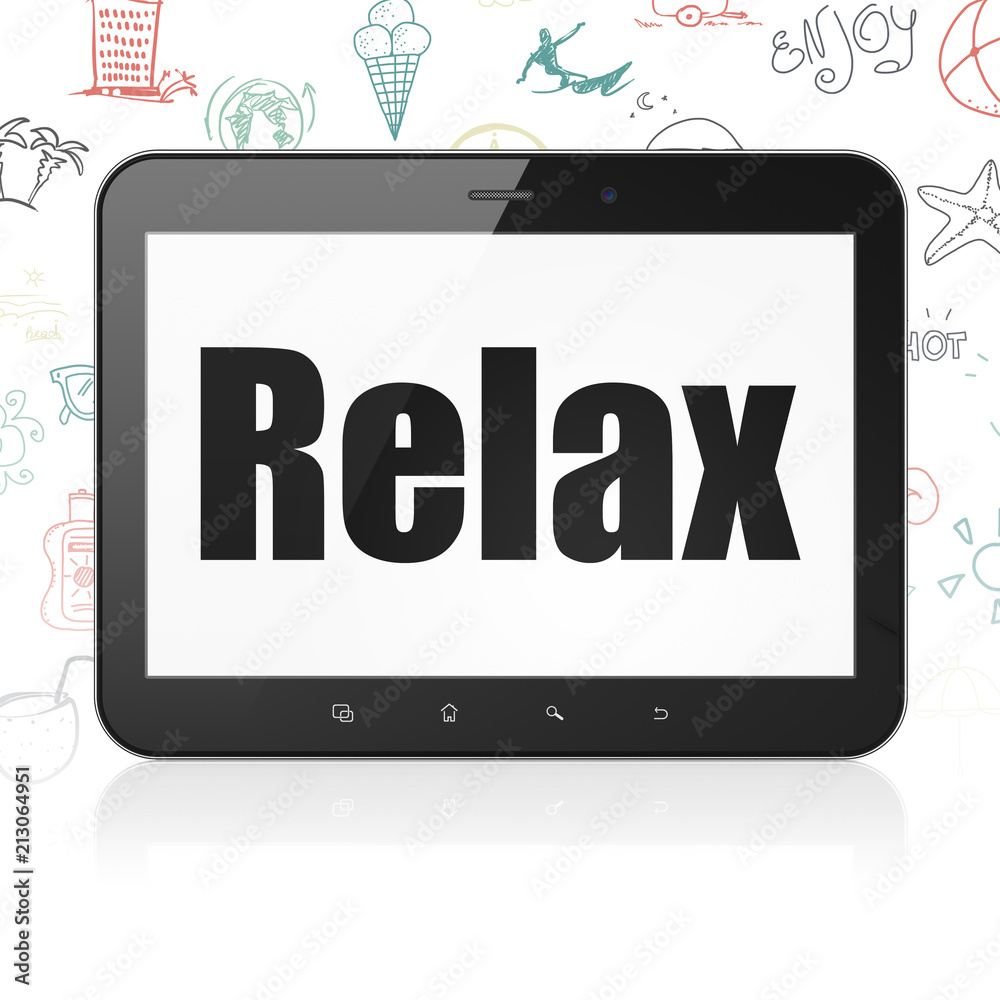 Vacation concept: Tablet Computer with black text Relax on display, Hand Drawn Vacation Icons background, 3D rendering Vacation concept: Tablet Computer with black text Relax on display, Hand Drawn Vacation Icons background, 3D rendering