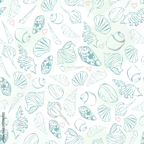 Seashells seamless pattern. Simple drawing seachells