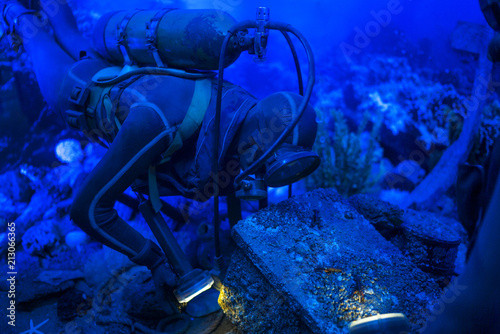 under the water, squba diving, blue sea photo