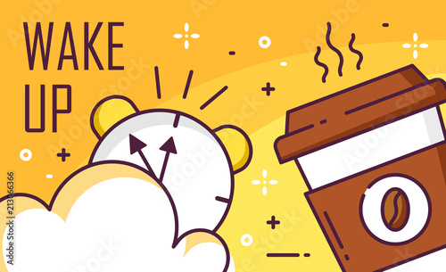 Wake up poster with cloud, alarm clock and cup of coffee on yellow background. Thin line flat design. Vector banner.