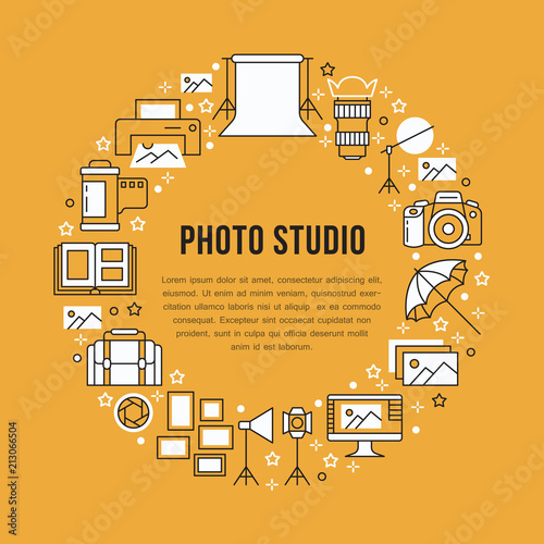 Photography equipment poster with flat line icons. Digital camera, photos, lighting video cameras, photo accessories memory card, tripod. Vector circle illustration, concept for photostudio brochure.