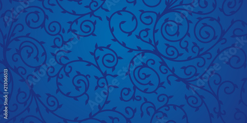 Blue floral ornament design for background. Dark swirls and leaves on blue surface.