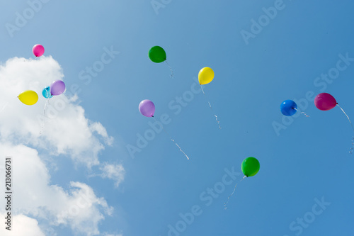 Balloons fly away in the sky