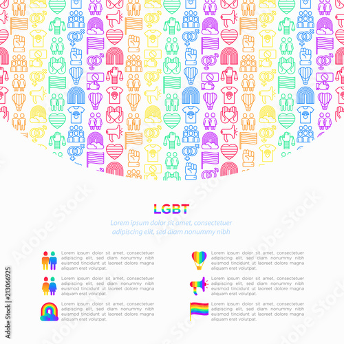 LGBT concept with thin line icons: gay, lesbian, rainbow, coming out, free love, flag, support, stop homophobia, LGBT rights, pride day. Modern vector illustration, print media template.