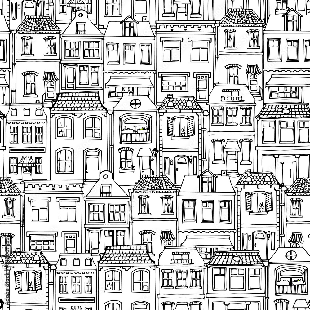 Hand drawn European city houses seamless pattern. Cute cartoon style vector illustration. Modern townhouse building sketch. City buildings, Creative Doodle decorative elements collection.