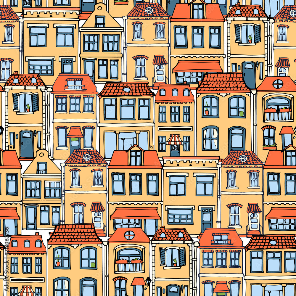 Hand drawn European city houses seamless pattern. Cute cartoon style vector illustration. Colorful Modern townhouse building sketch. City buildings, Creative Doodle decorative elements collection.
