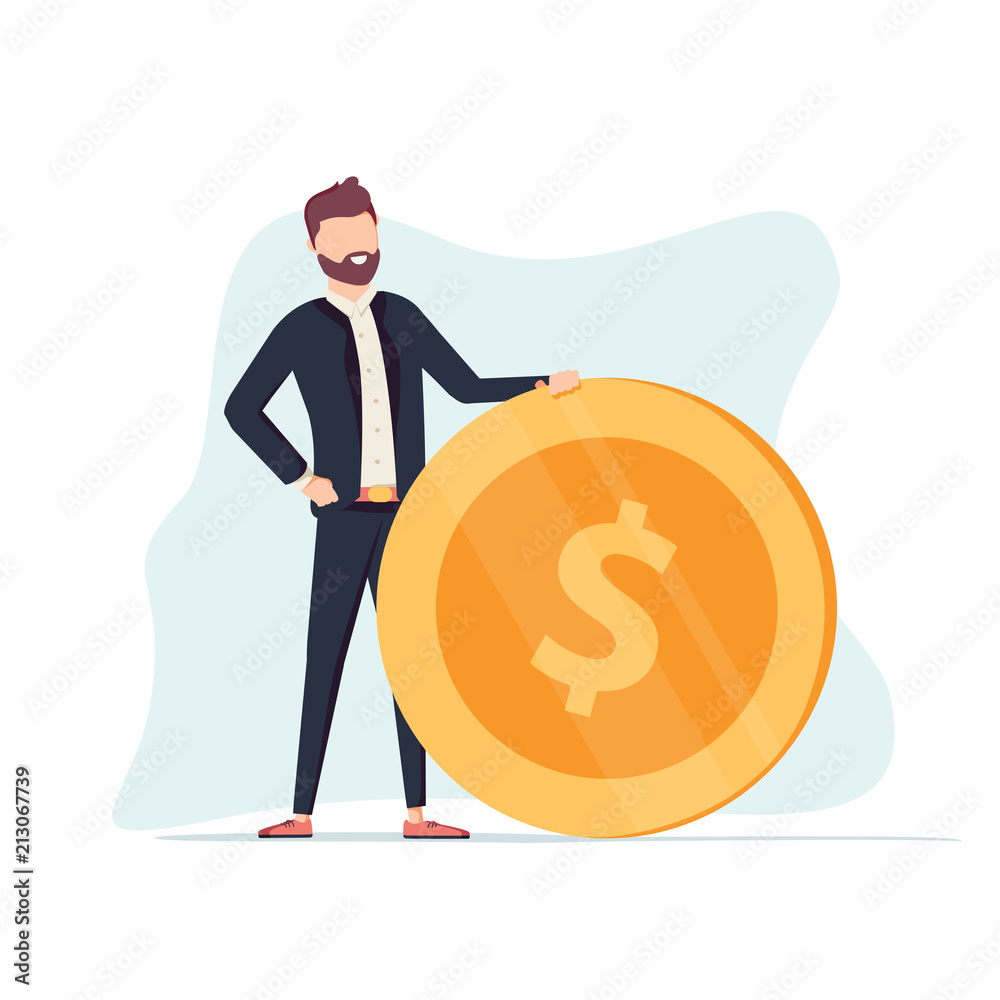 Handsome positive businessman is rolling a huge golden dollar coin. Earning, saving and investing money concept. Handsome positive businessman is rolling a huge golden dollar coin. Earning, saving and investing money concept.