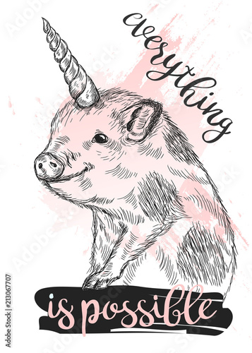 Mini pig with unicorn horn. Vector piglet sketch, ink pen style. Symbol of Chinese New Year. Lettering 