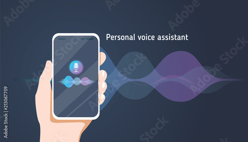 Personal assistant and voice recognition on mobile app. Concept flat vector illustration of human hand holds smartphone