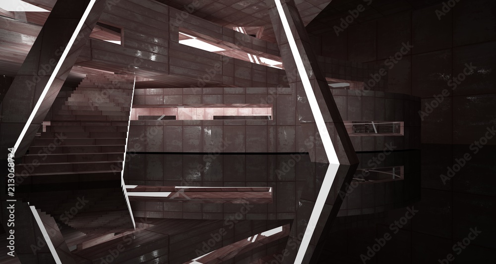 Empty smooth abstract room interior of sheets rusted metal with gray concrete. Architectural background. 3D illustration and rendering