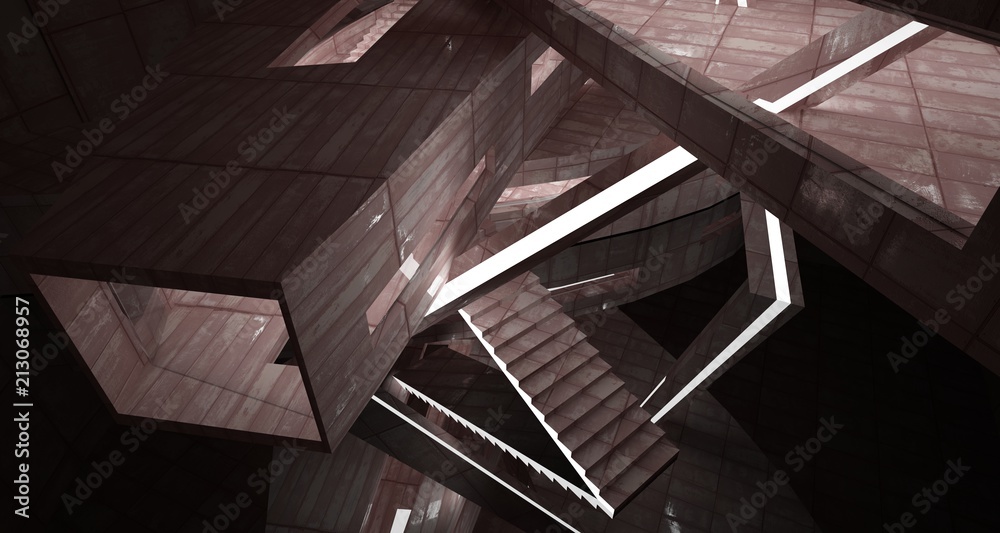 Fototapeta premium Empty smooth abstract room interior of sheets rusted metal with gray concrete. Architectural background. 3D illustration and rendering