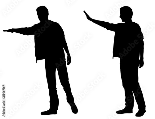 Silhouettes of men calling taxi isolated on white