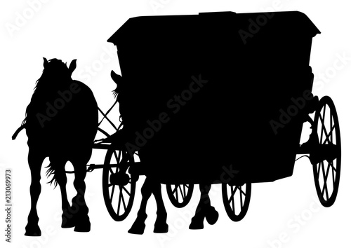 Old carriage and a team of horses on a white background
