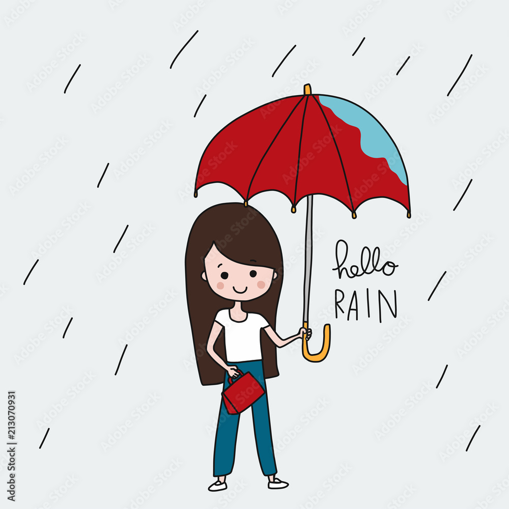 Hello rain cute girl with red umbrella cartoon vector illustration doodle  style Stock Vector | Adobe Stock