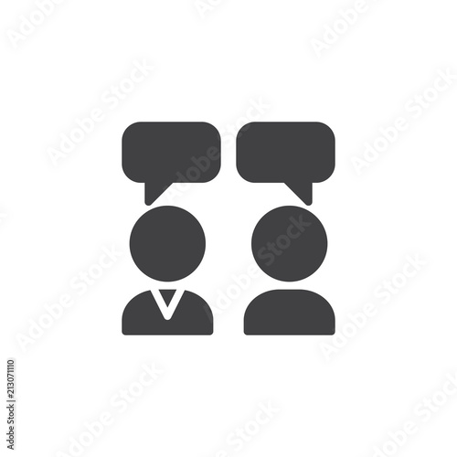 Interview vector icon. filled flat sign for mobile concept and web design. People with speech square simple solid icon. Conversation symbol, logo illustration. Pixel perfect vector graphics
