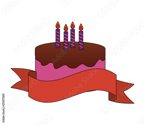 sweet cake with candles and ribbon isolated icon