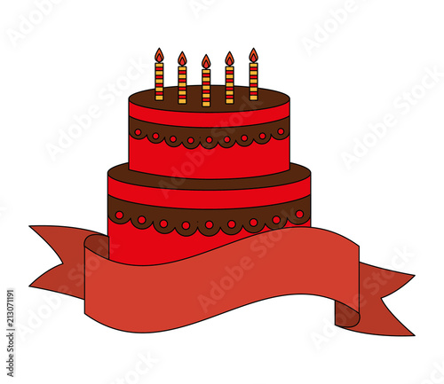 sweet cake with candles and ribbon isolated icon