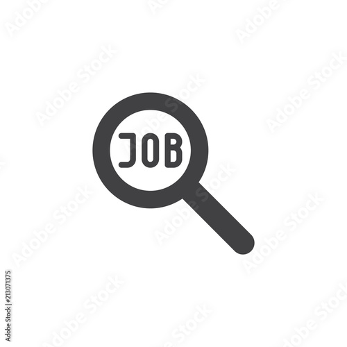Job search vector icon. filled flat sign for mobile concept and web design. Magnifying glass and job text simple solid icon. Symbol, logo illustration. Pixel perfect vector graphics