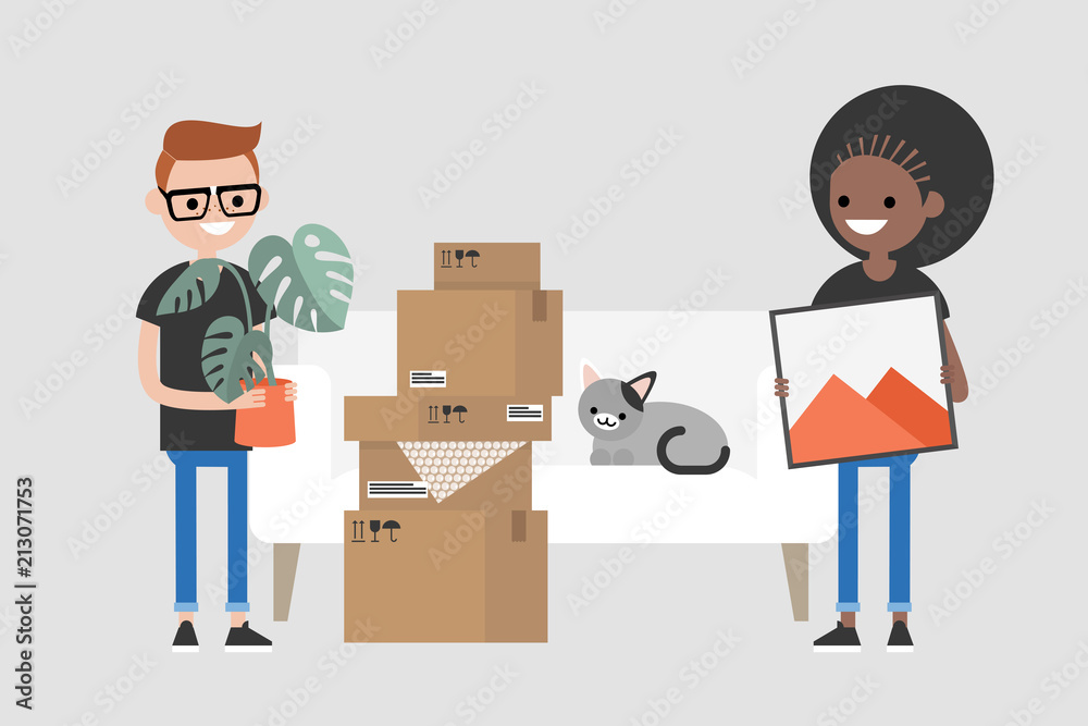 Young interracial couple moving to a new apartment. Relocation. Mortgage. Flat editable vector illustration, clip art Young interracial couple moving to a new apartment. Relocation. Mortgage. Flat editable vector illustration, clip art
