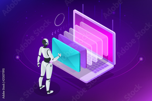 Isometric robots man with artificial intelligence working with a virtual interface in chatbot emails. Message online chat social text vector Illustration