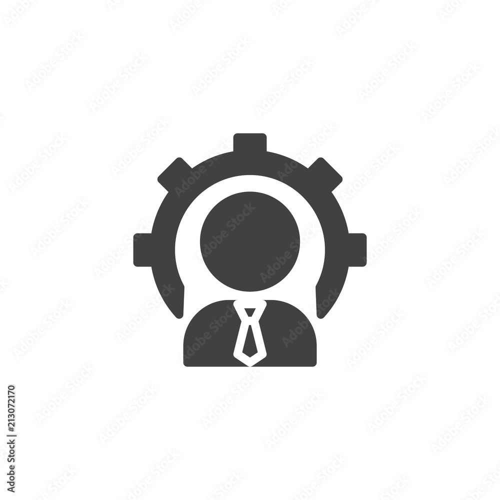 Businessman person with gear vector icon. filled flat sign for mobile concept and web design. User settings simple solid icon. Profile Avatar with cogwheel symbol, logo illustration Businessman person with gear vector icon. filled flat sign for mobile concept and web design. User settings simple solid icon. Profile Avatar with cogwheel symbol, logo illustration