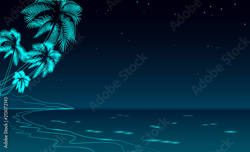 Seashore night promenade sea vacation. Romantic date wedding travel leisure sandy coast starry sky. Palm beach ocean shore vector illustration. Tropical water sketch dark blue glowing background