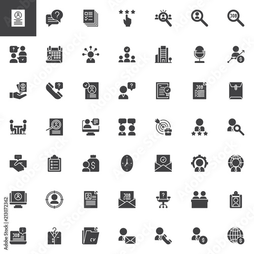 Business interview vector icons set, modern solid symbol collection, filled style pictogram pack. Signs, logo illustration. Set includes icons as Resume, Conversation, Profiles, Rating, Recruitment