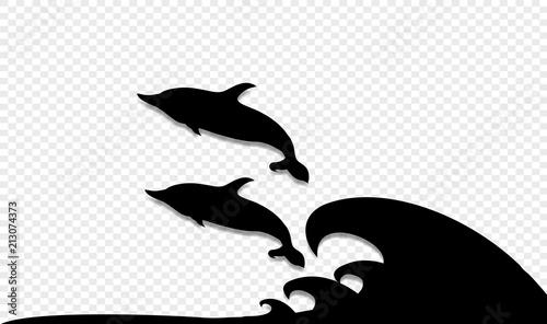 two dolphins playing and jumping on sea waves icon