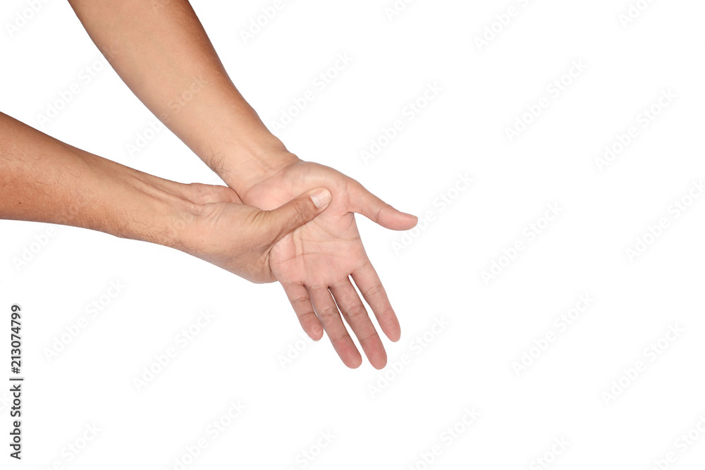 the right hand holding  left palm   with the strong thumb finger on white background isolated