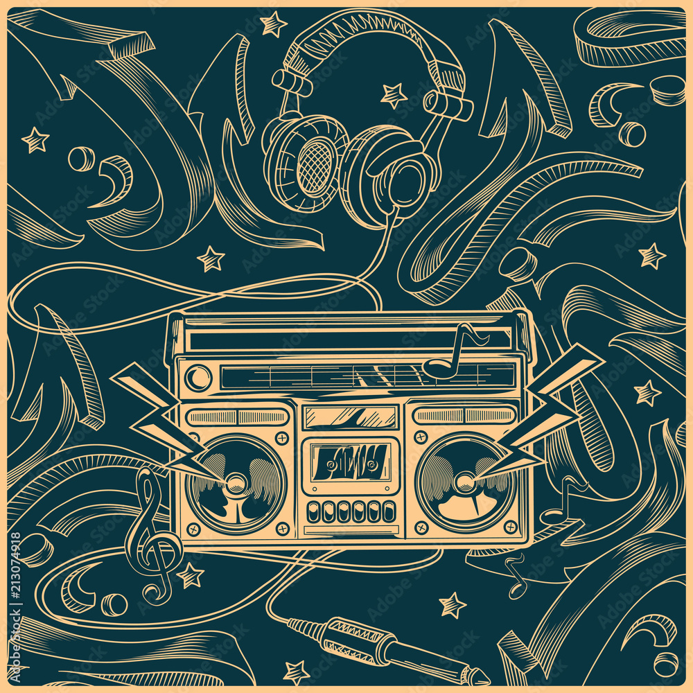 Music design - tape recorder on graffiti background