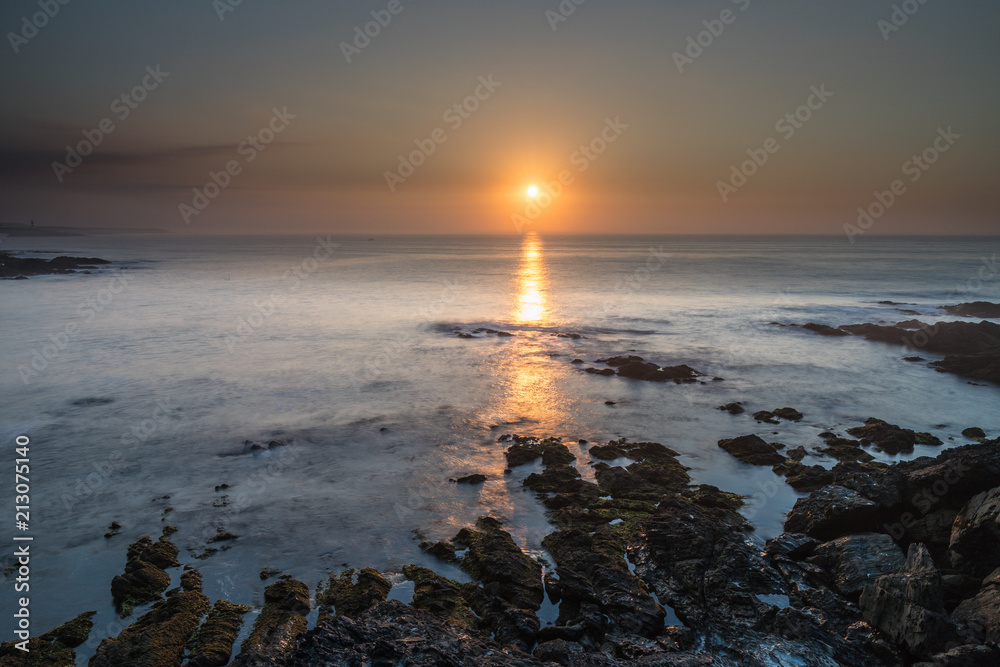 coast, rocks, sun, clouds, reflections, sea, sunset,
