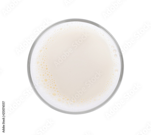 Glass of milk isolated on white background.top view