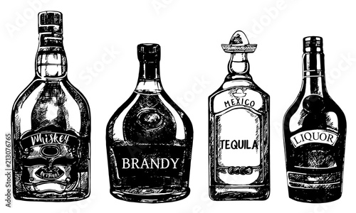 Set of hand drawn sketch style bottles of alcohol isolated on white background. Vector illustration.
