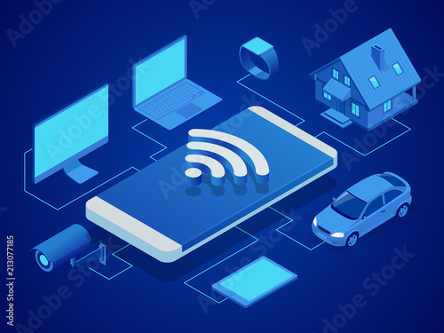 Isometric smart technology to control the house, computer, smart watch, machine, video surveillance, tablet. Security system of smart home. Flat design style modern vector illustration