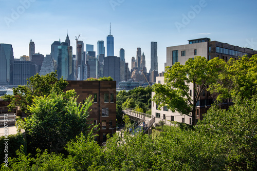 New York, City / USA - JUL 10 2018: Lower Manhattan skyline daylight view from Brooklyn Queens Expressway in Brooklyn Heights