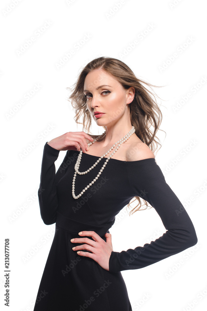 elegant woman in black dress posing isolated on white background elegant woman in black dress posing isolated on white background