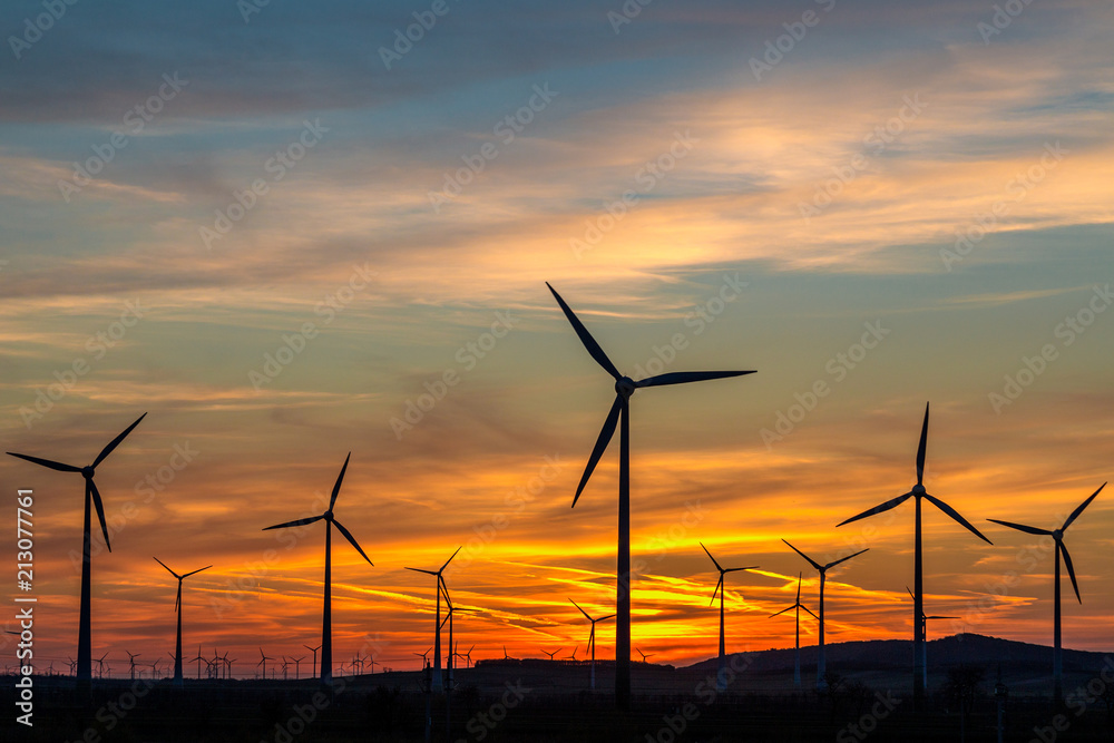 Group of wind power turbines at a sunset. Group of wind power turbines at a sunset.