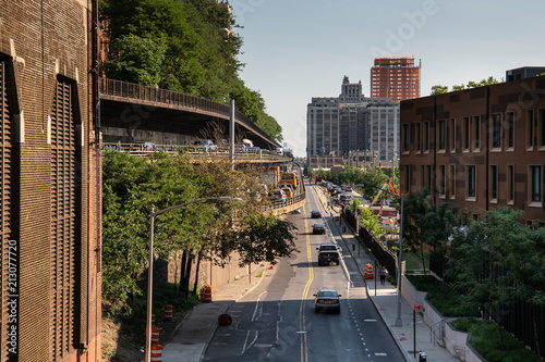 New York, City / USA - JUL 10 2018: 1 Hotel  Brooklyn Bridge and Brooklyn Queens Expressway in daylight view from Brooklyn Heights neighborhood