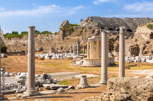 Ruins of the ancient theatre in Side, Turkey photo