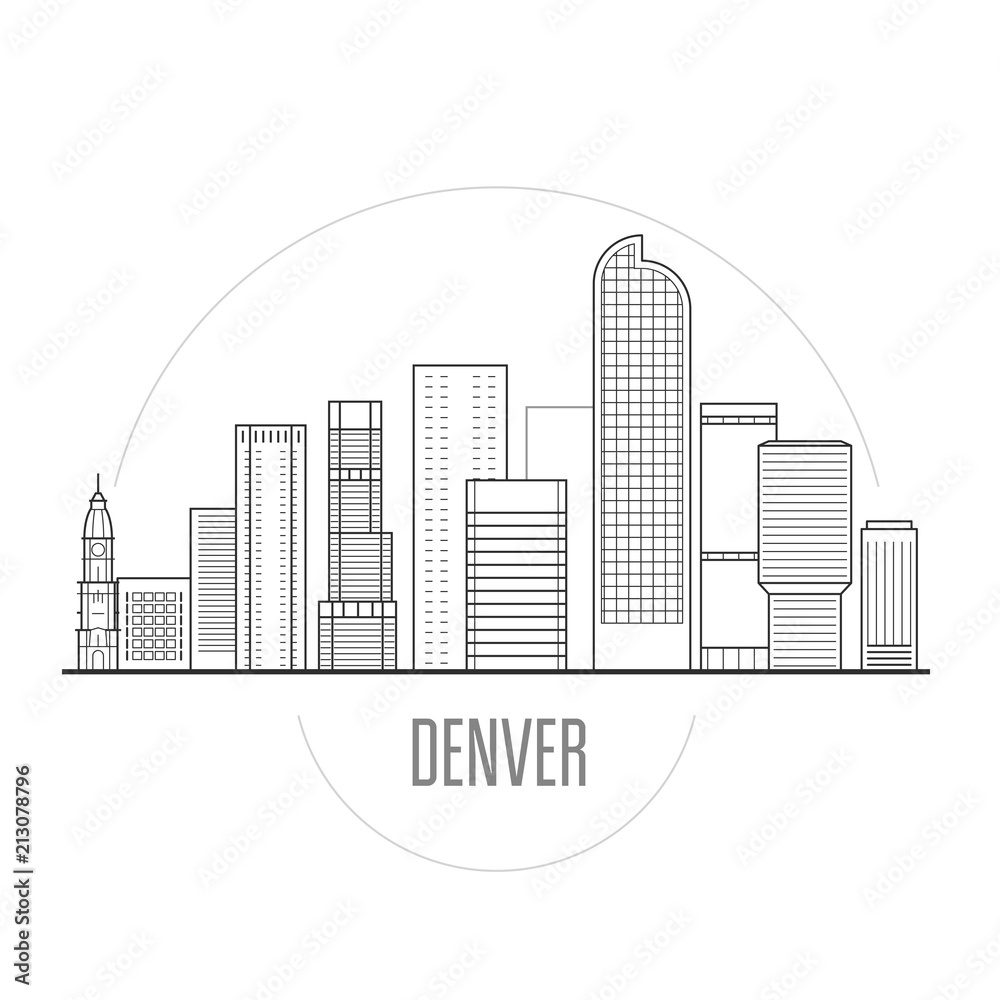 Denver city skyline - downtown cityscape, towers and landmarks in liner style