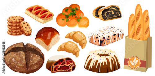Set vector bread icons. Rye, whole grain and wheat bread, pretzel, muffin, croissant, bagel, french baguette, cherry strudel, bun, muffin with icing, roll with poppy seeds for design menu bakery