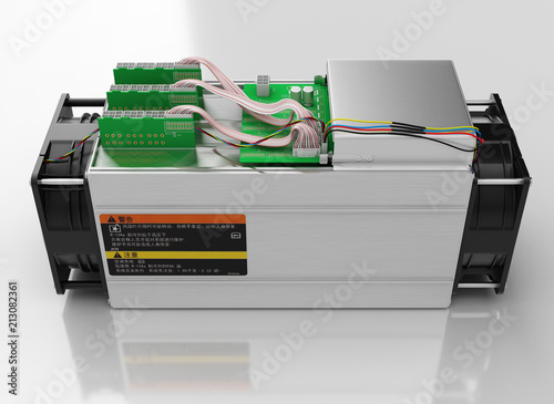 Mining farm. bitcoin and litecoins mining equipment. 3D rendering. photo