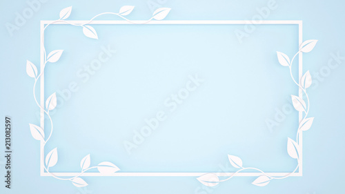Vine Leaves and white frame on light blue background - Frame artwork for add message - Paper cut style - 3D Illustration