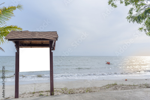 Blank billboard or mock up for advertising  with background sea sand and sky on the beach