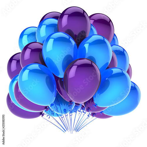 purple party balloons blue. birthday, carnival, celebrate decoration. helium balloon bunch glossy. holiday greeting card design element. 3d illustration