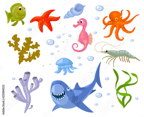 set of cartoon sea animals and weeds
