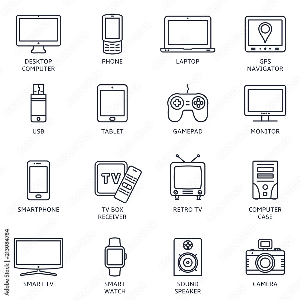 Thin line icons set. Icons for technology, electronic devices. Thin line icons set. Icons for technology, electronic devices.