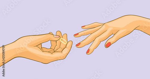 fiancees hands with ring, pop art illustration
