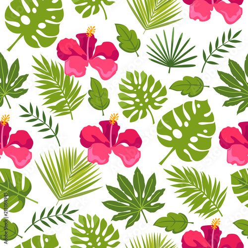 Seamless floral background with pink flowers. tropical plants and flowers. vector illustration